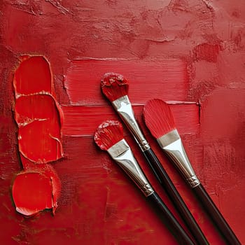 Three paintbrushes covered in vibrant red paint are placed on a textured canvas, with red paint swatches creating an inspiring artistic workspace.