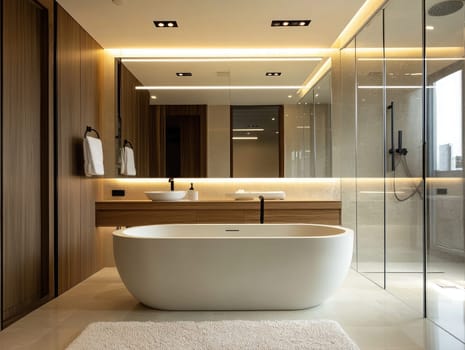 A spacious bathroom showcases a sleek freestanding tub and an expansive walk-in shower. Elegant wooden accents enhance the modern aesthetic in this urban oasis.