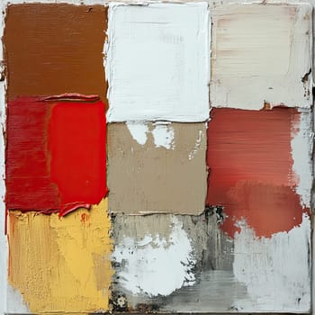 A vibrant abstract artwork displays an arrangement of squares in diverse shades, including red, white, brown, and beige. The texture adds depth to this captivating piece.
