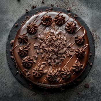 A rich chocolate cake showcases elegant swirls and chocolate shavings on top, highlighting its indulgent layers and appealing visuals, ideal for any gathering.