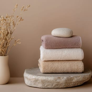 Soft towels in neutral shades are neatly arranged on a textured stone table beside a simple vase filled with dried flowers, enhancing the serene atmosphere of the room.