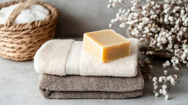 A serene arrangement showcases two neatly folded towels, a bar of handmade soap, and a basket of bath essentials, completed with elegant dried flowers for a calming atmosphere.