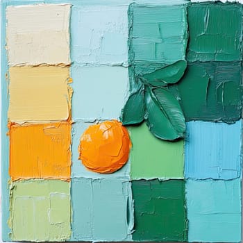 A vibrant abstract piece showcases a bright orange surrounded by patches of blues and greens. The textured paint adds depth, drawing attention to the fruit's fresh appearance.