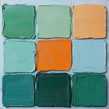 Brightly colored squares in green, orange, and blue are arranged in a grid pattern, highlighting different textures and tones of paint on the surface.