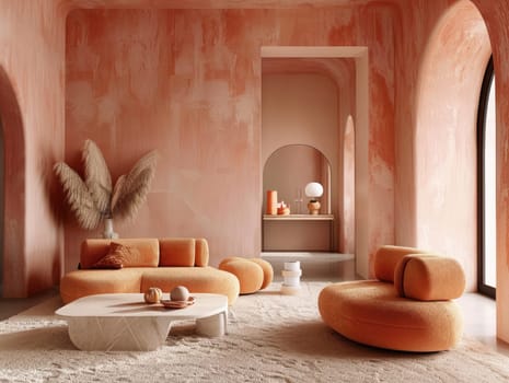 A contemporary living room featuring soft peach hues, curved furniture, and natural textures, enhancing the warm, inviting atmosphere of the interior.