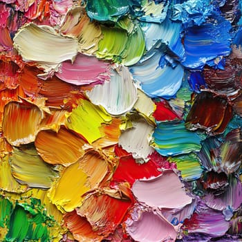 A vivid arrangement of oil paints spreads across the palette, showcasing a rich variety of colors blending together in an artistic studio setting during daylight hours.