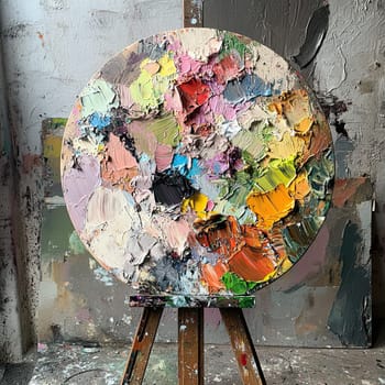 A circular palette covered with thick strokes of vibrant oil paint rests on an easel in a well-lit artist studio, showcasing a blend of colors and textures during daytime.