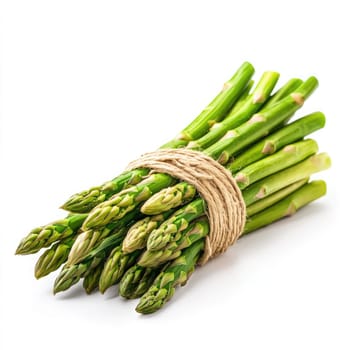A bundle of fresh asparagus spears is neatly tied with twine, showcasing their vibrant green color and crisp texture against a clean white background.