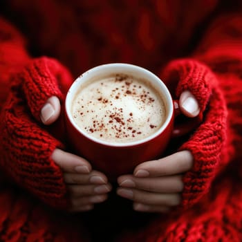 A person holds a warm cup of beverage with a frothy top and sprinkled cocoa, dressed in a vibrant red sweater, conveying comfort on a cool day.
