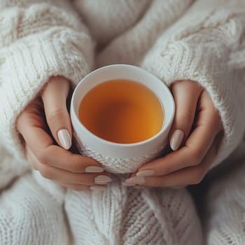 A person cradles a steaming cup of tea in their hands while wrapped in a cozy knitted sweater, enjoying a tranquil moment indoors on a chilly day.