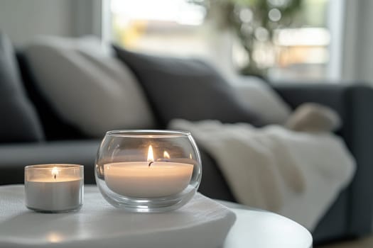 A serene living room features soft furnishings and two lit candles on a side table, creating a warm and inviting atmosphere in natural daylight.