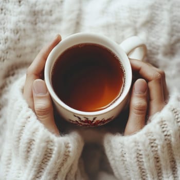 A person holds a steaming cup of tea, fingers gently wrapped around the mug, wearing a soft, thick sweater, evoking warmth and comfort during a cold day.