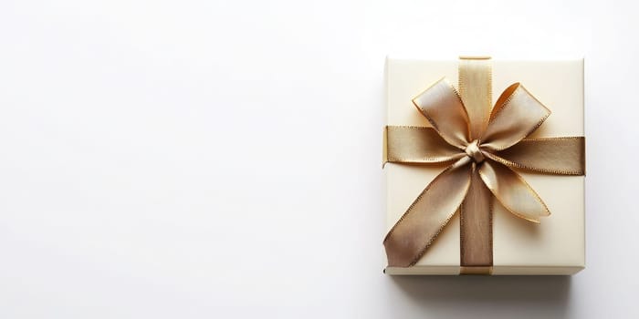 A small, elegantly wrapped gift in white paper with a shiny gold ribbon sits on a minimalist white background, perfect for special occasions or holidays.