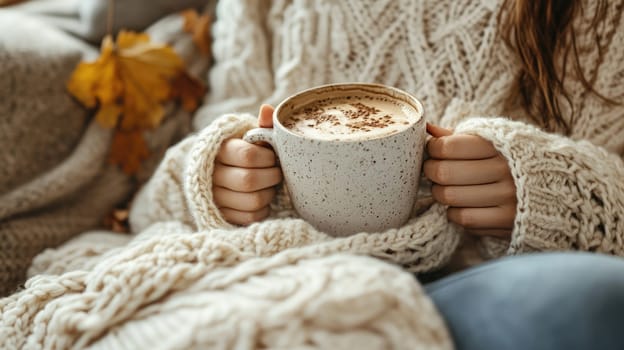 A person enjoys a warm cup of coffee while comfortably wrapped in a knitted sweater, surrounded by autumn decorations and soft textures, creating a cozy atmosphere.