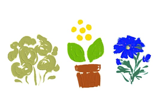 Three vibrant flower designs display a green leafy plant, a blooming pot with bright yellow flowers, and a striking blue flower, all against a clean white backdrop.