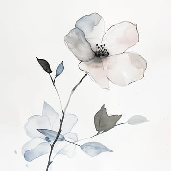 A graceful watercolor artwork depicts two blooming flowers with soft petals and delicate leaves, showcasing a serene blend of pastel colors and gentle lines.