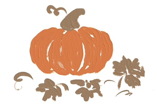 A bright orange pumpkin is depicted with loose brush strokes, accompanied by stylized leaves and playful swirls, capturing the essence of fall festivities.
