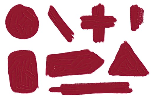 Various deep red brush strokes and shapes are arranged dynamically against a white backdrop, highlighting unique textures and creative expression in a minimalist style.