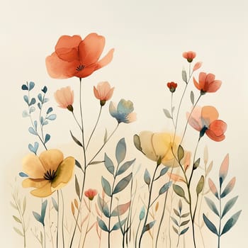 Delicate watercolor flowers display various colors and shapes, creating a serene and artistic composition that captures the beauty of nature.