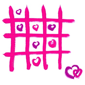 A playful design features a grid of pink lines with scattered small hearts in various shades of pink and purple, creating a cheerful and loving atmosphere.