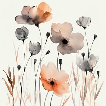 A collection of beautifully painted flowers in soft peach and beige tones stands tall with slender stems, surrounded by delicate foliage, creating an elegant botanical display.