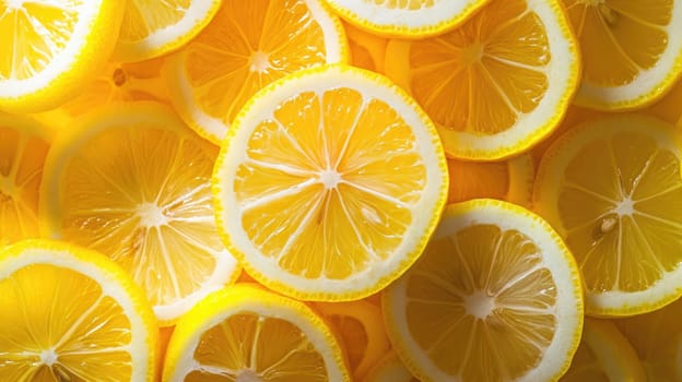 Brightly colored lemon slices are stacked together, highlighting their juicy interiors and vibrant yellow rinds, illuminated by soft natural light.