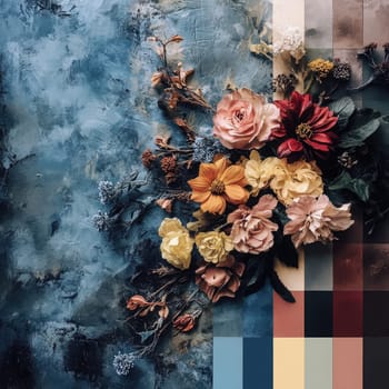 A vibrant assortment of flowers is artistically arranged against a textured blue background, showcasing various colors alongside a palette for creative ideas.
