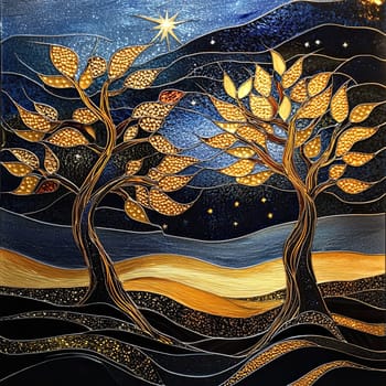 The artwork showcases beautifully crafted autumn trees with warm hues of orange and gold. The sun sets in the background, illuminating the flowing landscape.