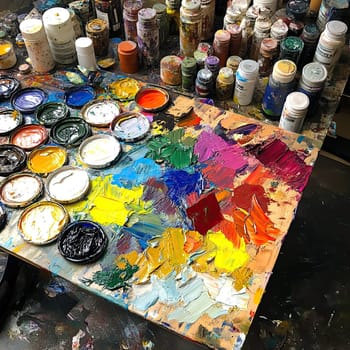 A vibrant artist palette filled with an array of paint colors rests on a workbench in a studio, surrounded by jars and containers of more paint, highlighting the creative process.