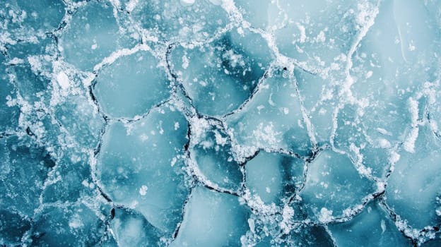 The surface of a frozen lake is covered in cracked ice, glistening in the winter sunlight, revealing stunning geometric patterns and textures formed by freezing temperatures.