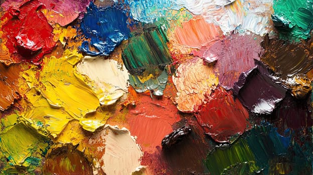 A colorful palette filled with various layers of paint showcases rich textures and hues, reflecting the creativity of an afternoon filled with artistic expression.