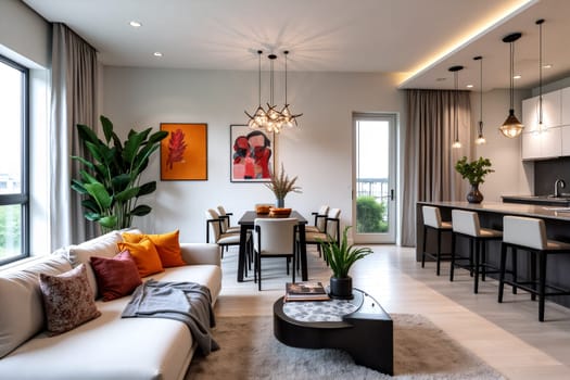 A contemporary apartment features a cozy living room with a sofa and decorative pillows, alongside a stylish dining area with a modern table, plants, and art - Generative AI