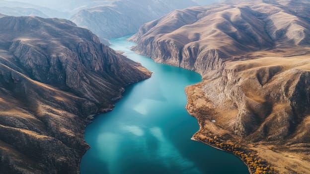 A serene river twists through rugged mountains under early morning light, showcasing vibrant turquoise water and dramatic rock formations along the banks.