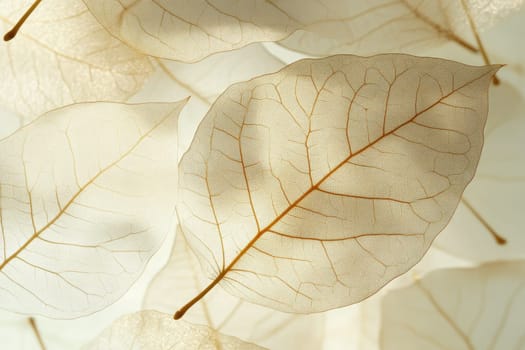 Translucent leaves with intricate vein patterns are layered gracefully on a soft background, creating a peaceful, ethereal composition in natural light.