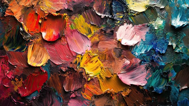 The canvas displays a rich array of oil paint strokes, blending reds, yellows, and blues, revealing the artist's creativity in an abstract composition.