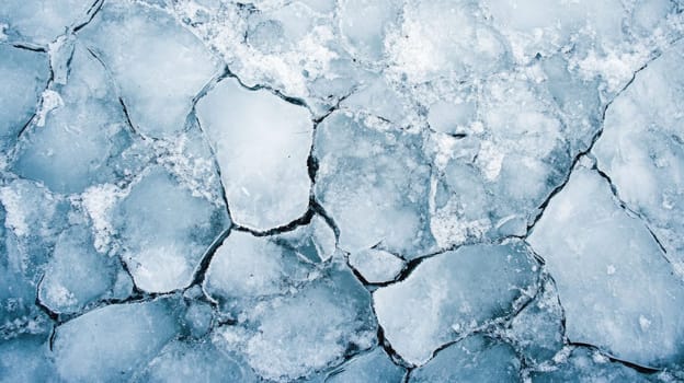 The surface of a frozen lake is covered in cracked ice, glistening in the winter sunlight, revealing stunning geometric patterns and textures formed by freezing temperatures.