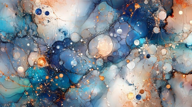 Vibrant alcohol ink painting with gold splashes, resembling cosmic sky or ocean. Blue, bronze, brown blend for modern, elegant look. Fluid, metallic elements for creative touch