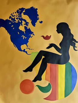 Painting of a silhouette of a woman sitting on a rainbow bridge reaching for the map of north america on an orange background