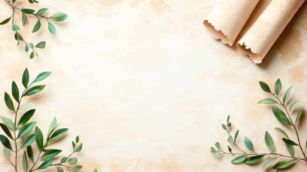 seamless vintage parchment texture with soft age is beautifully framed by delicate green leaves, creating serene and inviting atmosphere perfect for creative projects.