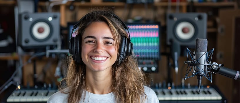smiling woman with headphones and microphone is in music studio, surrounded by audio equipment and instruments, radiating creativity and passion for music.