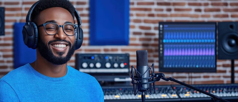 smiling man wearing headphones and glasses is in recording studio, surrounded by music equipment and sound panels. His joyful expression reflects creativity and passion for music.