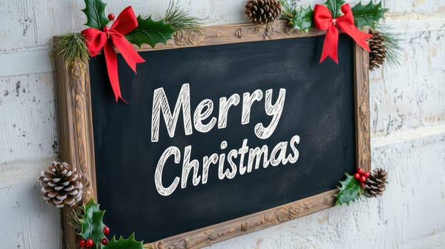 Merry Christmas chalkboard decorated with holly, pinecones, and red ribbons, creating festive and cheerful atmosphere for holiday season.