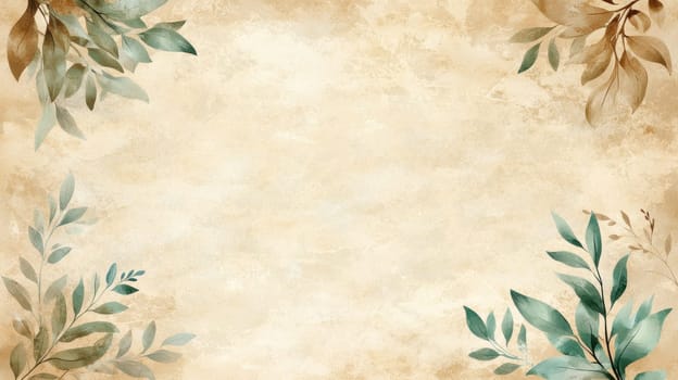 seamless vintage parchment texture with soft age, adorned with delicate green leaves, creates serene and inviting background perfect for various design projects.