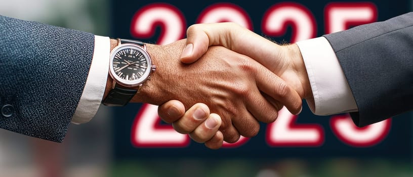 close up of business handshake symbolizes partnership and collaboration, set against backdrop featuring year 2025. This conveys trust and mutual agreement.