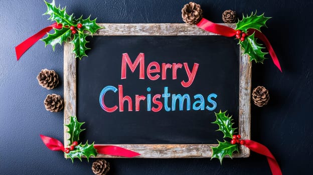 Merry Christmas is beautifully displayed on rustic chalkboard surrounded by festive holly, pinecones, and ribbons, creating warm holiday atmosphere.