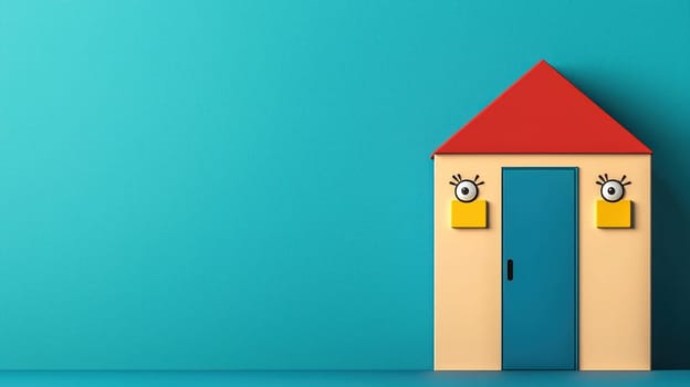 cute 3D cartoon style house with red triangular roof and playful features stands against vibrant turquoise background, evoking sense of whimsy and joy.