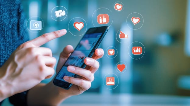 Engaging with followers through social media, person interacts with their smartphone, showcasing various reaction icons like hearts and thumbs up. This highlights connection and communication in.