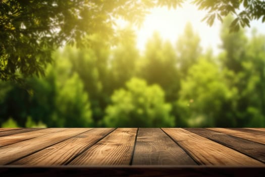 Wooden table background with landscape of forest. wooden, table, wood, forest, landscape, nature, tree, background, empty, light, sky, sun, summer, design, floor. Generative AI image weber.