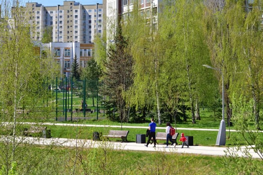 Moscow, Russia - May 11. 2021. Boulevard in the Zelenograd