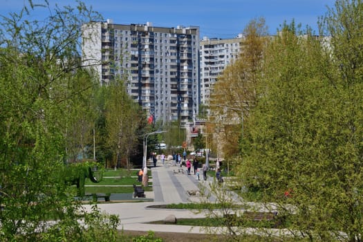 Moscow, Russia - May 11. 2021. Boulevard in the Zelenograd